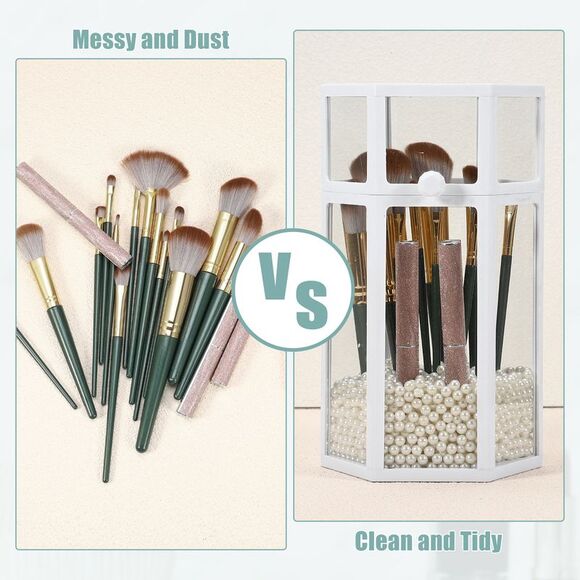 Clear Dustproof Hexagon Makeup Brush Storage Box with Beige Faux Pearl White - Picture 2 of 6